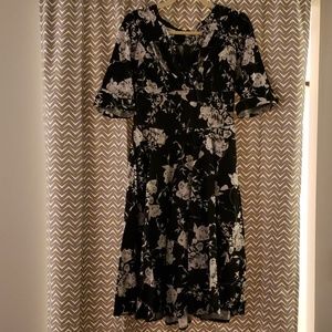 Unique Vintage Black and White Floral Swing Dress